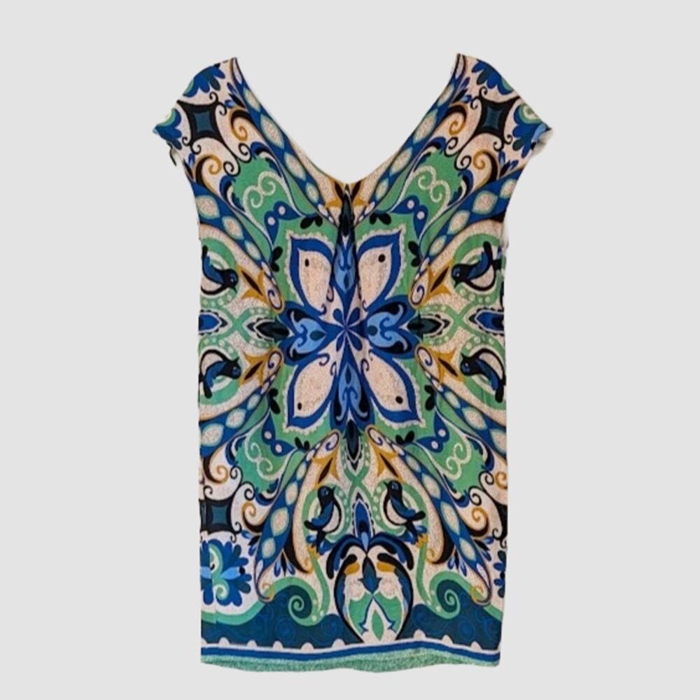Anthropologie Maeve Folksong Bird Print Mini Dress XS Blue Green